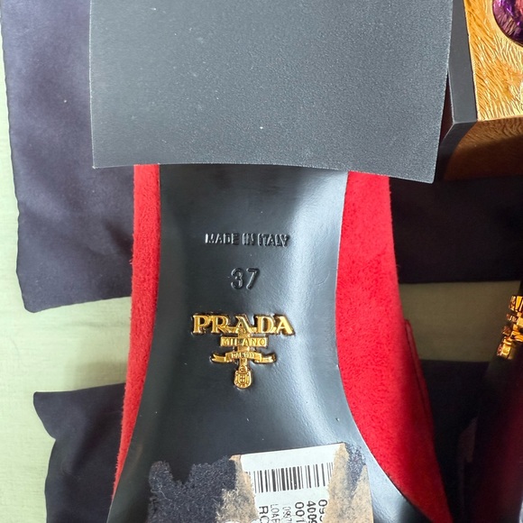 Prada Red Suede Jeweled Block Heel Loafers - Picture 7 of 9